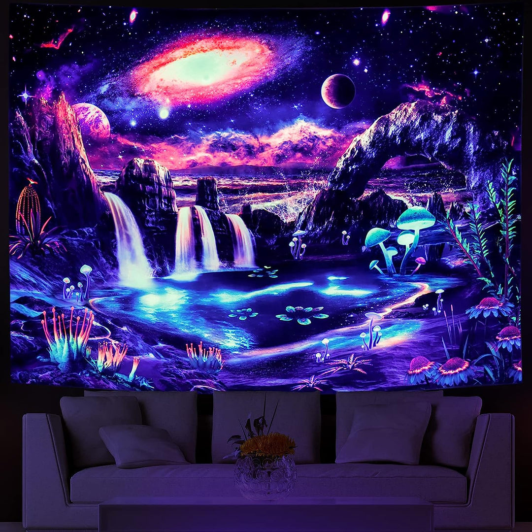 Galactic Waterfall Blacklight UV Tapestry