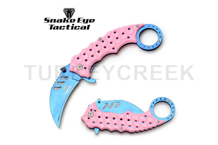 Snake Eye Tactical Karambit Spring Assist Knife - Pink/Blue