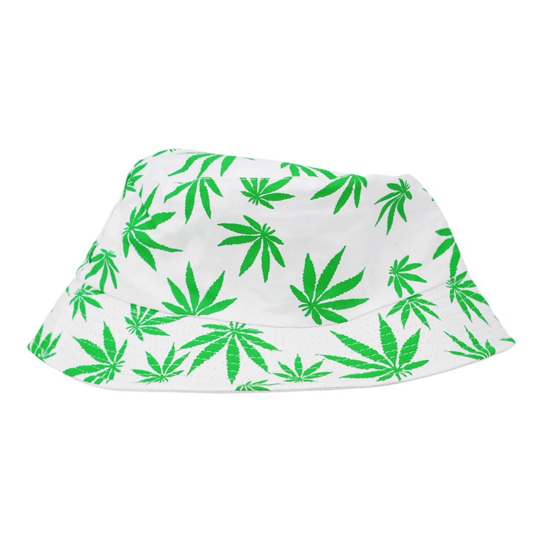 White Bucket Hat w/ Green Leaves