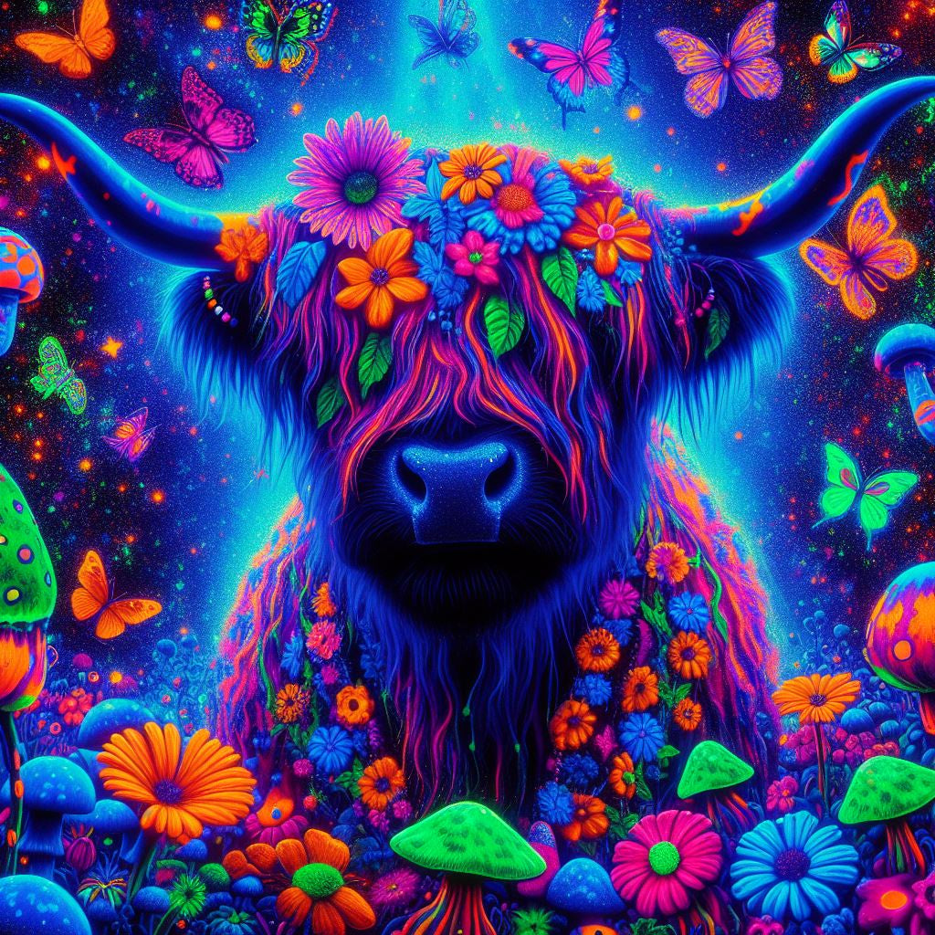 Highland Cow Blacklight UV Tapestry 28'' x 37''(poster size)