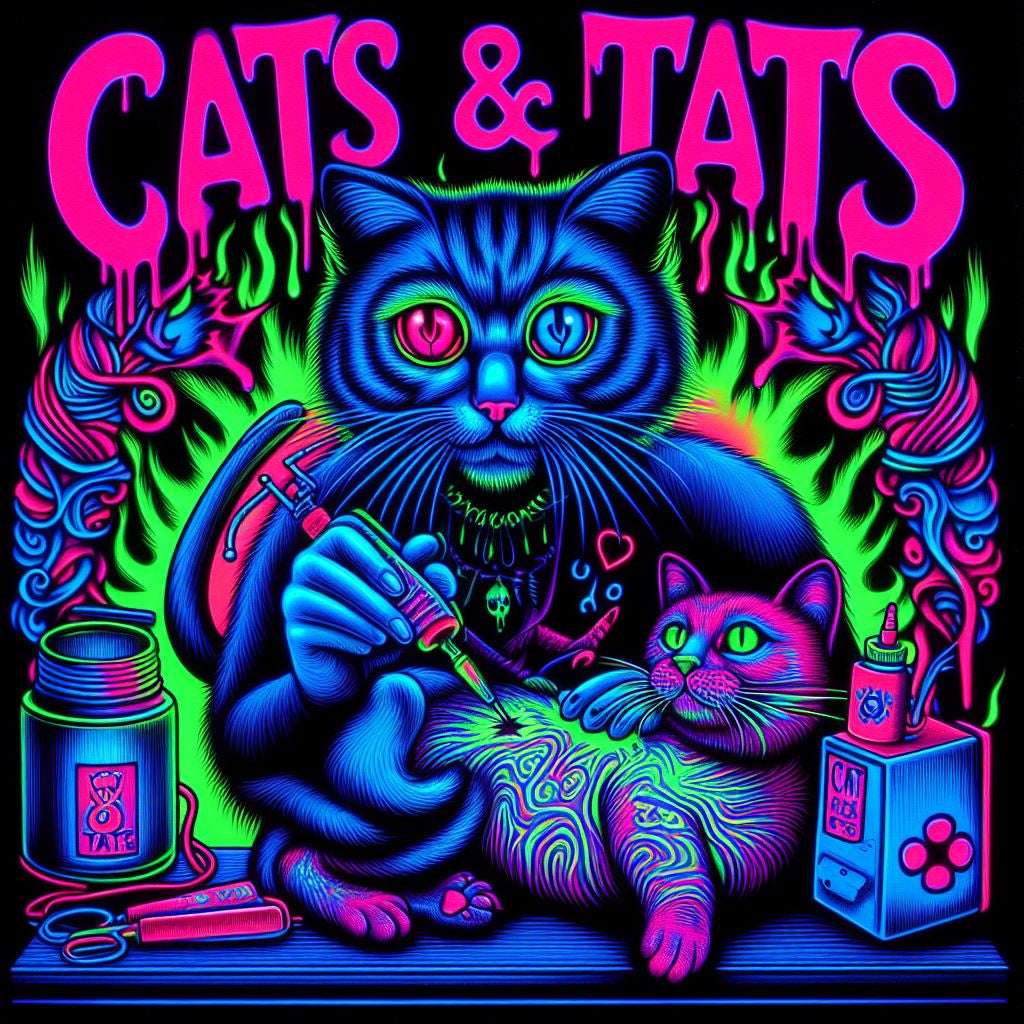 Cats & Tats- Cat Blacklight UV Tapestry 28'' x 37''(poster size)