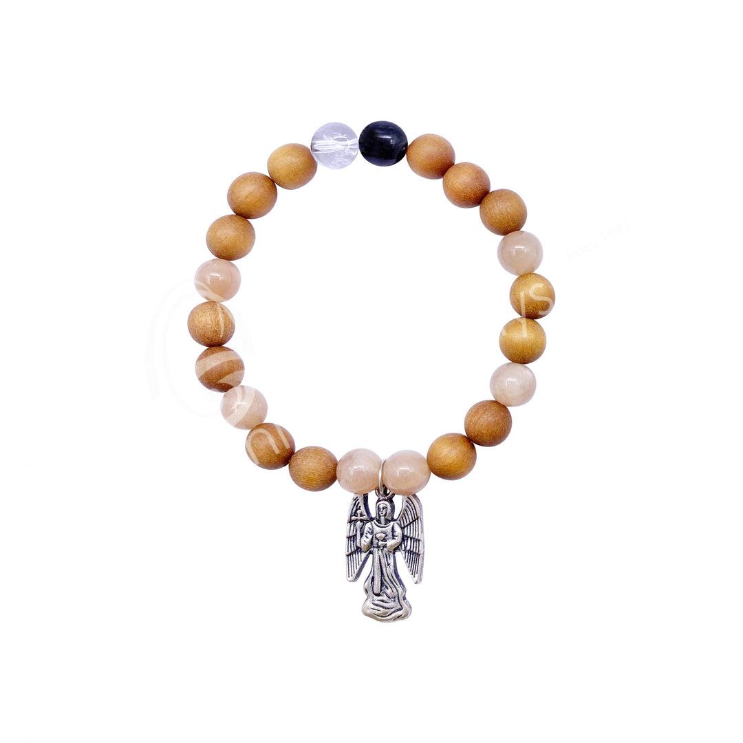 Oceanic - Peach Moonstone & Wooden Beaded Bracelet w/Archangel Haniel