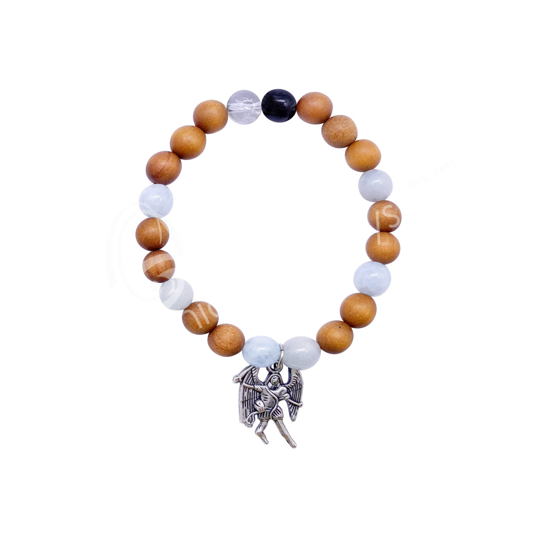 Oceanic - Aquamarine & Wooden Beaded Bracelet w/Archangel Michael