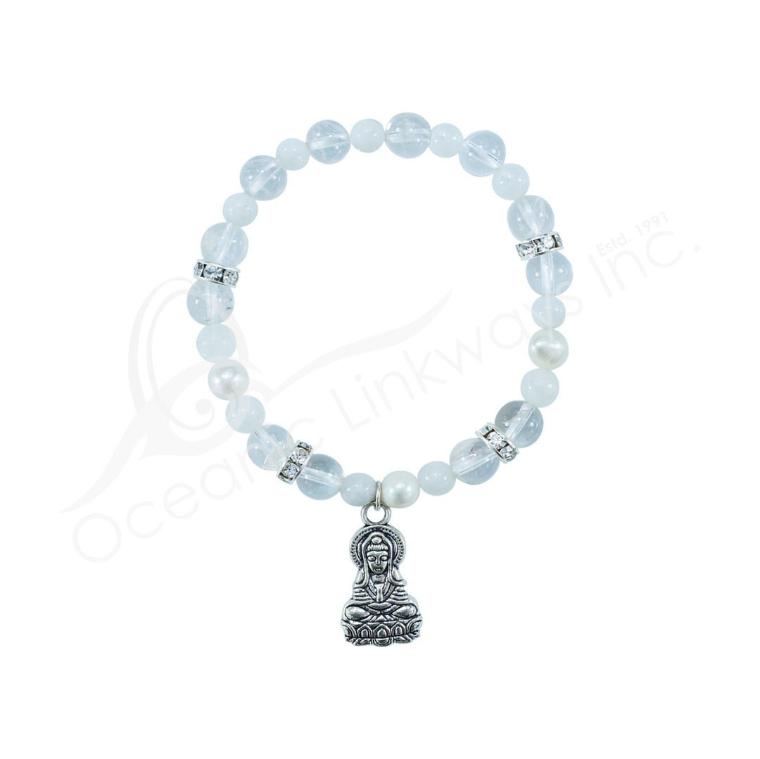 Oceanic - Clear Quartz, Pearls & Rainbow Moonstone Beaded Bracelet w/Kuan Yin