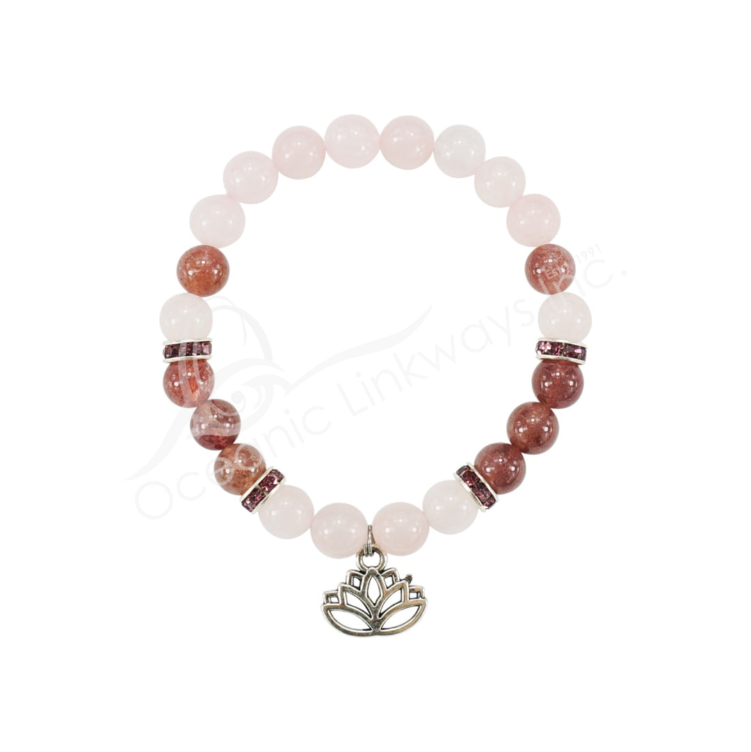 Oceanic - Rose & Strawberry Quartz Beaded Bracelet w/Lotus