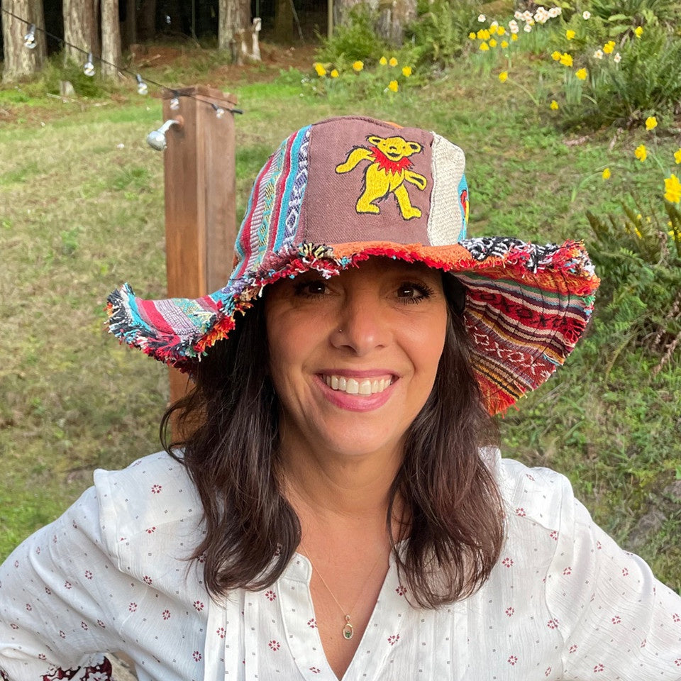 Jayli - GD Up-cycled Patchwork Hat w/ Rainbow Bear Embroidery