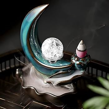Ceramic Backflow Incense Burner - Crescent Moon w/ Sphere