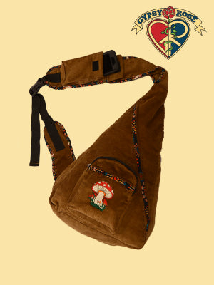 Mushroom Embroidered Corduroy Sling Backpack