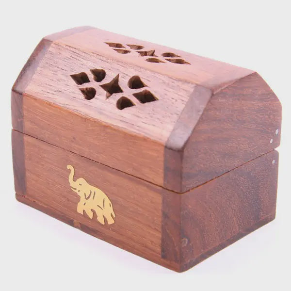 Sheesham Wood Mini Incense Cone Burner Box Elephant Inlay