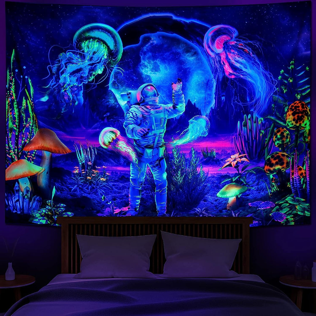 Mushroom Astronaut Blacklight UV Tapestry