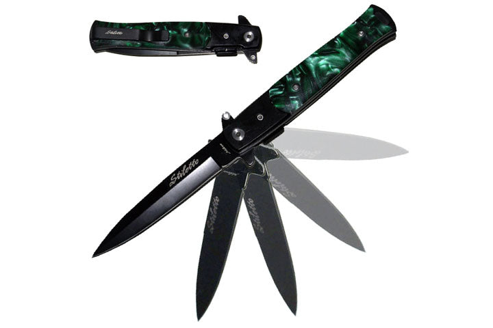 Snake Eye Tactical Stiletto Folding Knife Green Pearl Handle 5"