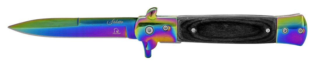 5" Stiletto Folding Knife - Rainbow & Wood