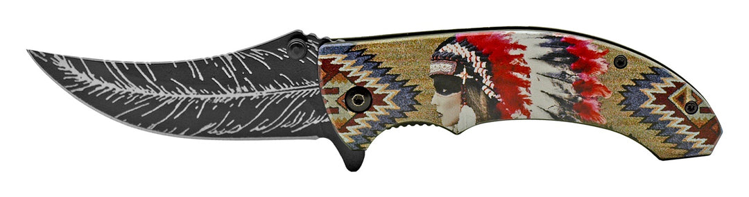4.5" Tribal Design Warrior Head Dress Folding Knife