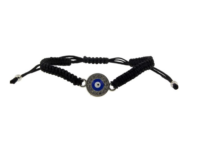 Adjustable Bracelet Black - Evil Eye w/ Gems Silver