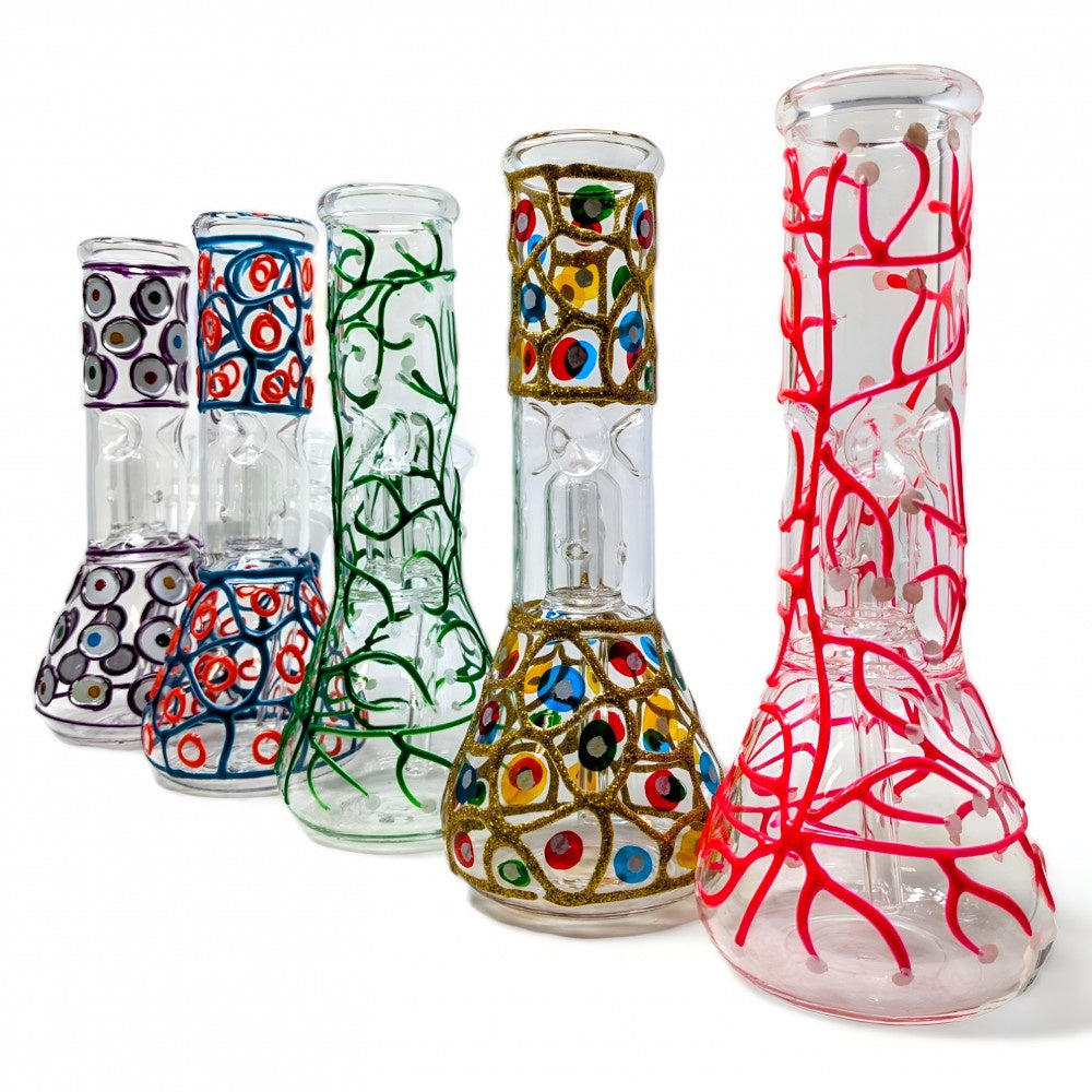 8" Assorted Artistry W/ Gluetchic Borders Single Dome Perc Water Pipe