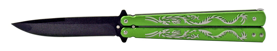 5.25" Anodized Aluminum Automatic Chinese Dragon Butterfly Folding Pocket Knife - Green