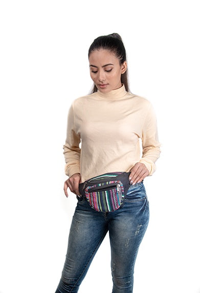 Stylish Cotton Strip Fanny Pack in Black