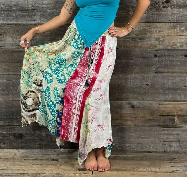 Jayli - "OUT & ABOUT" Rayon Print Patchwork Tie Dye Triangle Maxi Skirt