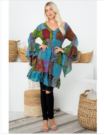 Kathmandu - Patchwork Rayon Ruffle Kimono w/Bell-Sleeves