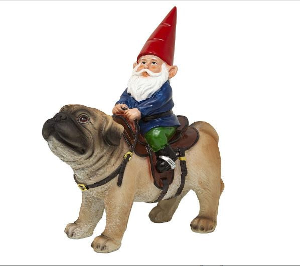 Funny Guy - Gnome Riding A Pug Statue