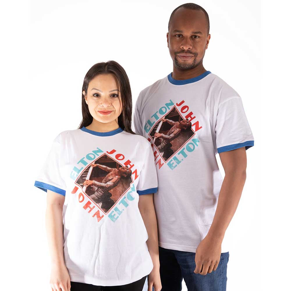 ELTON JOHN UNISEX RINGER T-SHIRT: PIANO DIAMOND