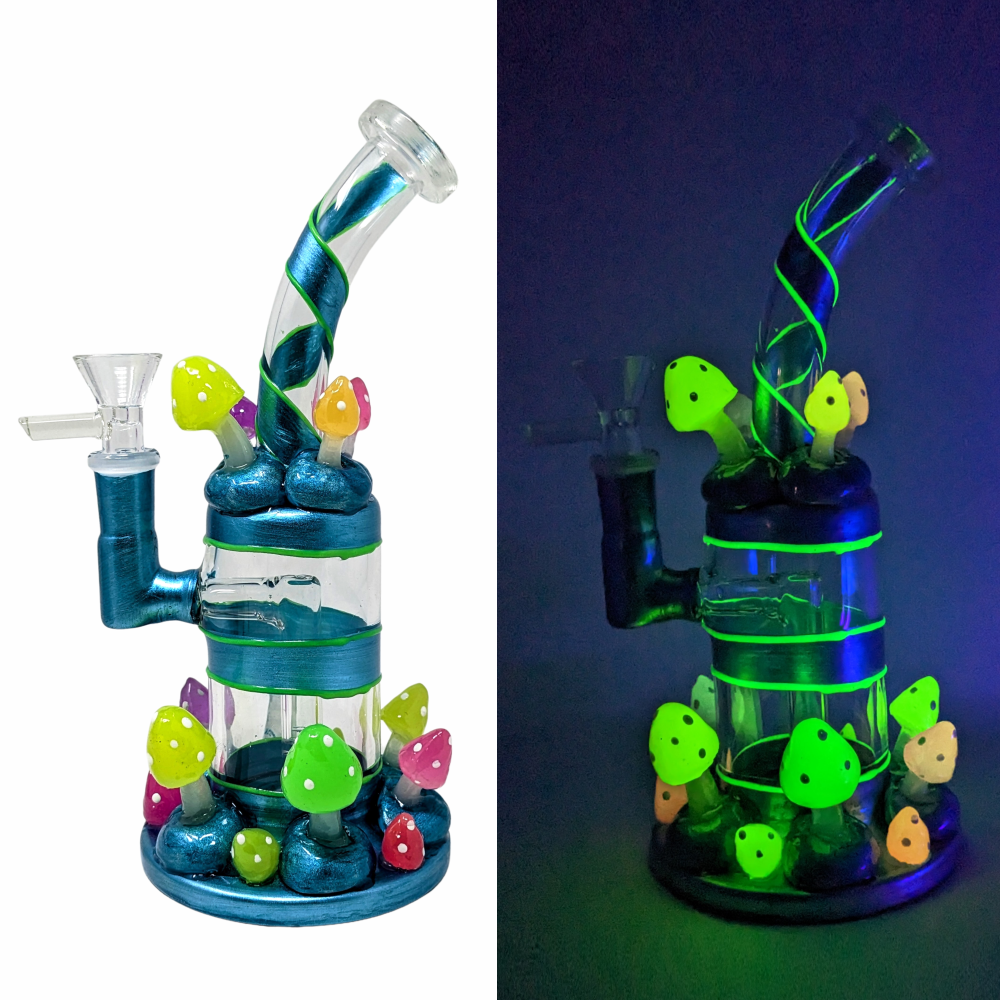 8" Fungal Fiesta Glow In The Dark Mushroom Water Pipe