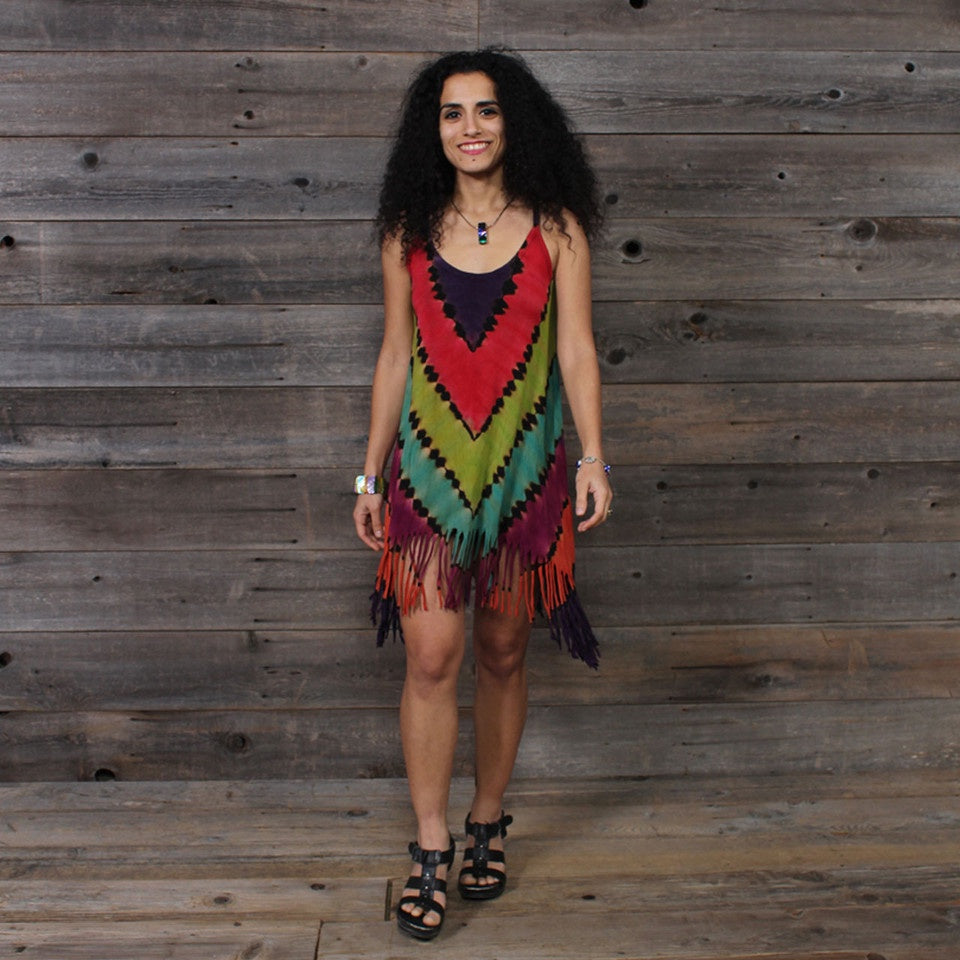 Rayon Spandex Razor Fringe Mini Dress Chevron Tie Dye