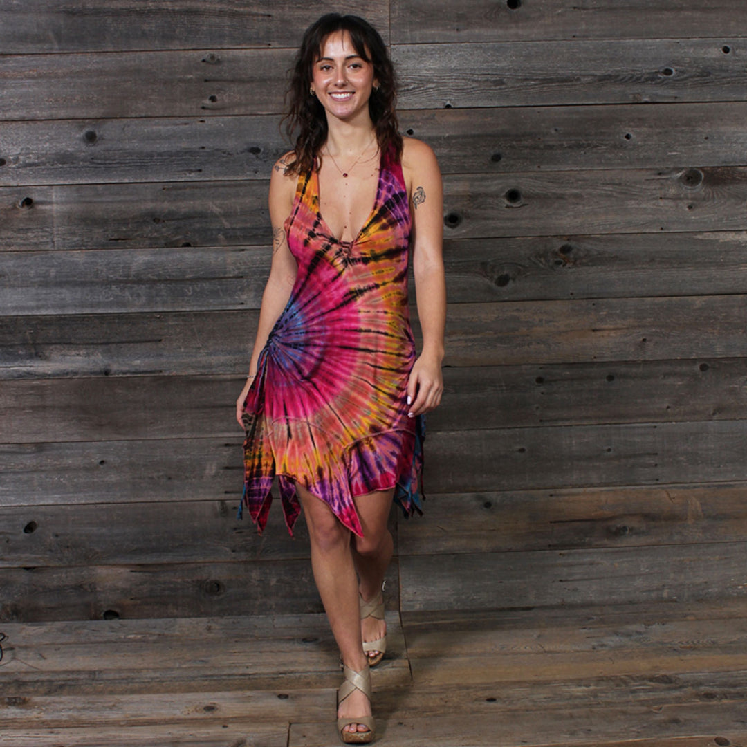 Rayon Spandex Fairy Cut Cinch Mini Dress Pink Rainbow Tie Dye