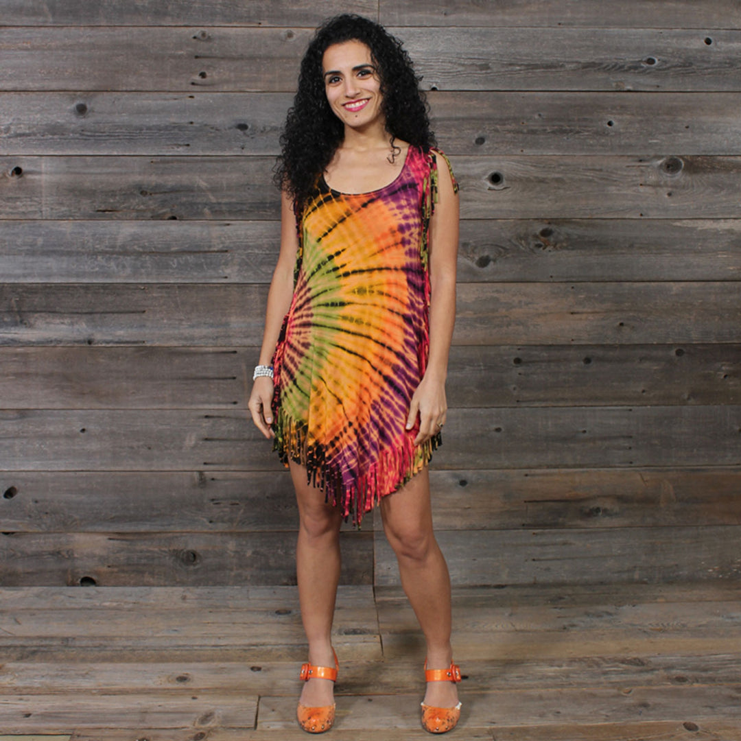Rayon Spandex Fringe Mini Dress Sunshine Rainbow Tie Dye