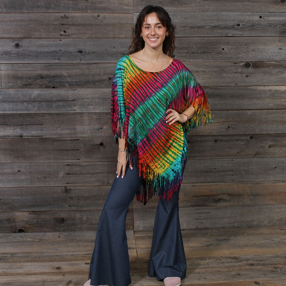 Rayon Spandex Fringe Poncho Top Green Rainbow Tie Dye