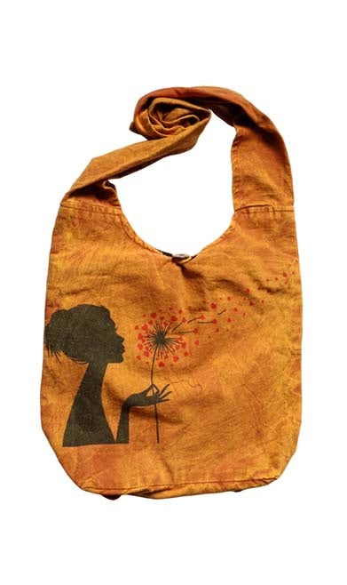 Yellow Cotton Linen Adjustable Tote Bag w/ Print Of Girl Blowing Dandelion Flower