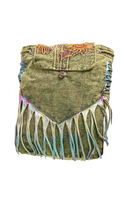 Crossbody Bag made of Dyed Green Heavy Cotton with Embroidered Sunflowers and Tie-Dyed Fringe