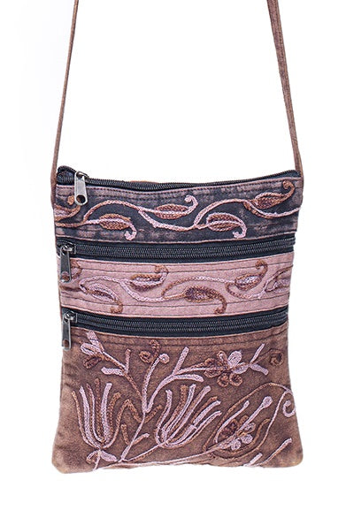 Two Pocket Brown Cotton Embroidered Crossbody Bag