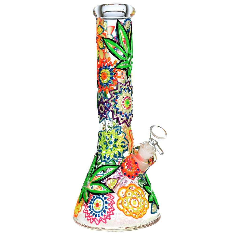 Mandala Hemp Leaf Beaker Water Pipe | 12.75" | 14mm F