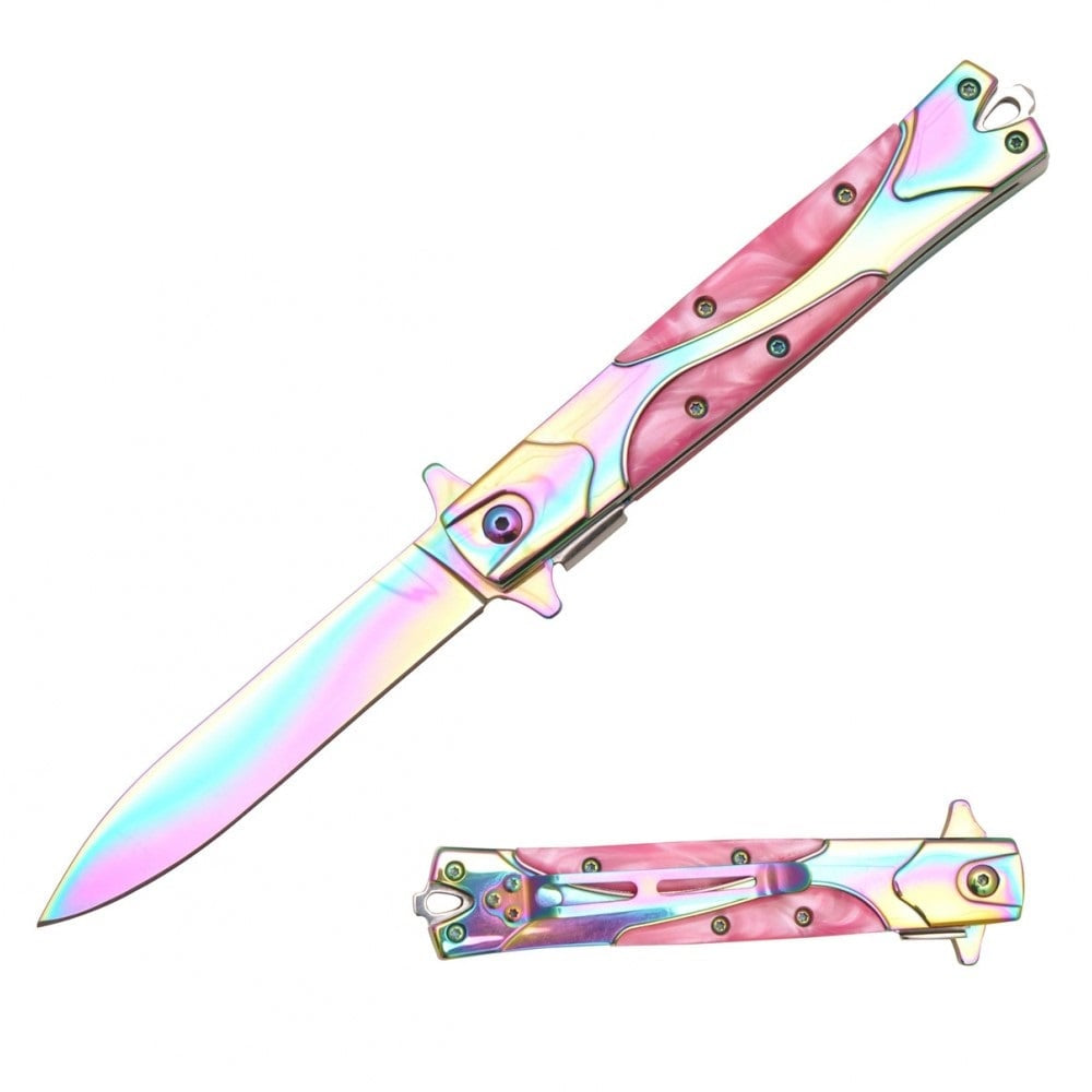 Rainbow Stiletto Style Spring Assisted Knife - Pink Pearl Handle