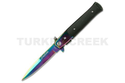 Stiletto Style Folding knife W/ Rainbow Color Blade