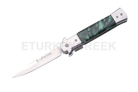 Italian Style Stiletto Folding Knife Green Handle 5"