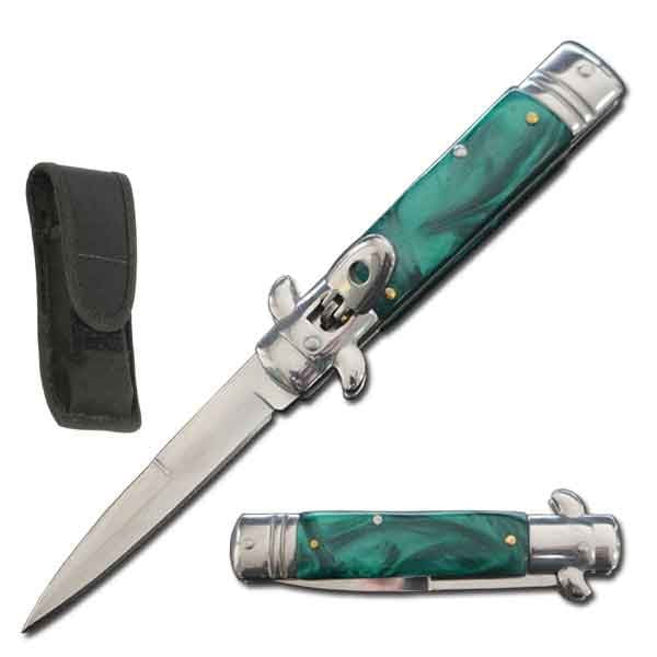 7.75" Automatic Switchblade Lever Lock Knife - Green Pearl Handle