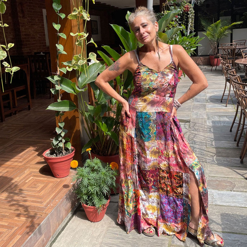 Jayli - Into The Mystic Printed Rayon Patchwork Tie Dye Lace Up Maxi Dress