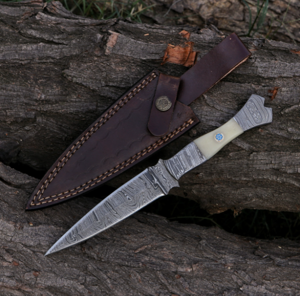 10" Damascus Steel Bone Handle Hunting Dagger Knife