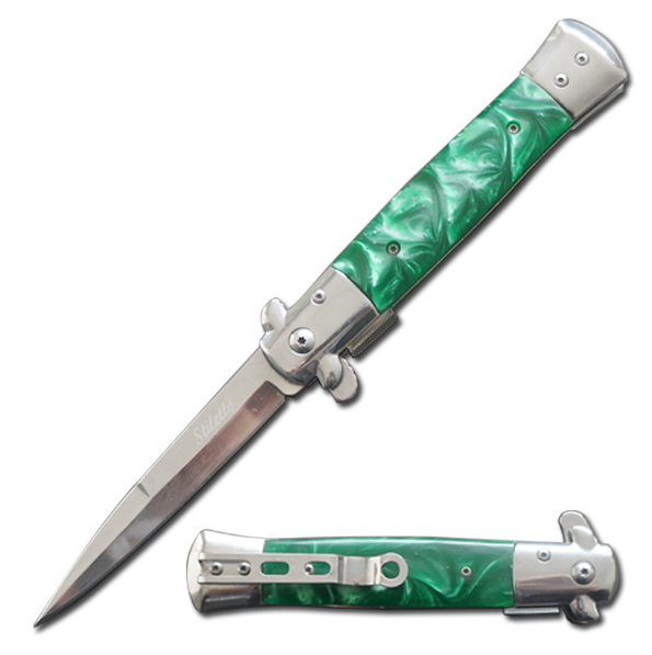 5" Closed Stiletto Spring Assisted Pocket Knife - Green Pearl Handle