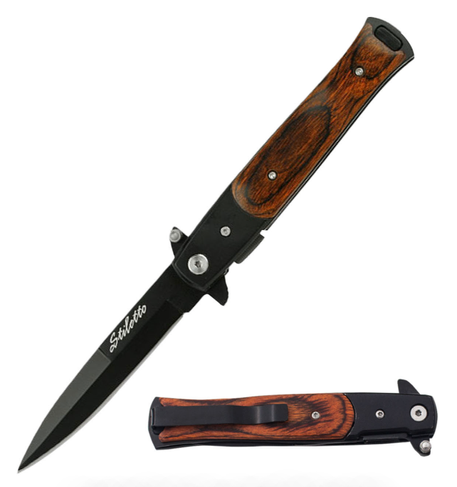 5" Stiletto Style Black Spring Assist Knife with Wood Overlay Handle