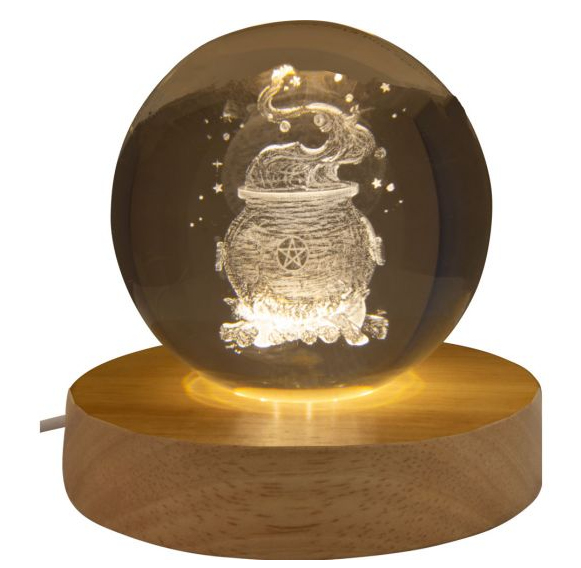 Glass Crystal Ball - 3D Laser Engraved w/Wood LED Base Magic Cauldron