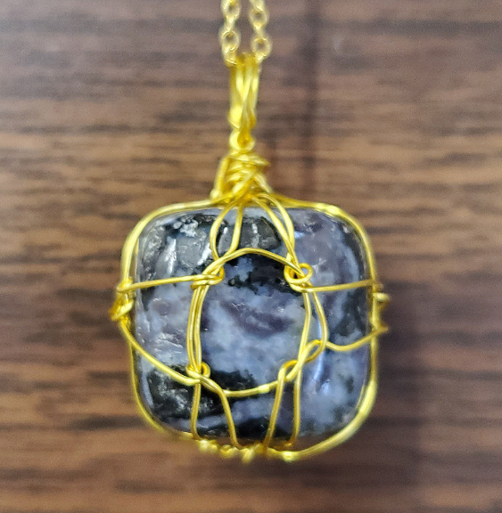 Indigo Gabbro & Gold Wire Wrapped Handmade Necklace