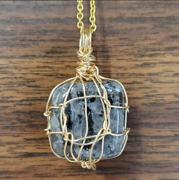 Larvikite & Gold Wire Wrapped Handmade Necklace