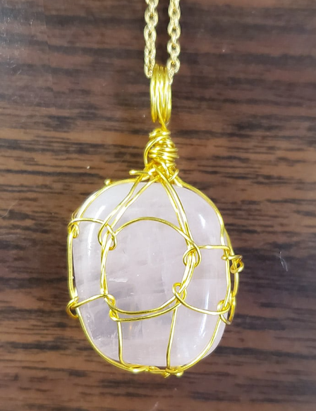 Rose Quartz & Gold Wire Wrapped Handmade Necklace