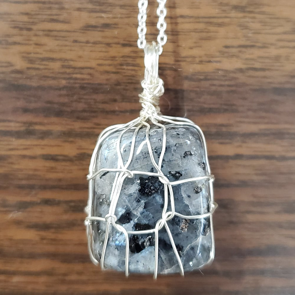 Larvikite & Silver Wire Wrapped Handmade Necklace
