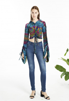 Long Ruched Sleeves & Front Tie Dye Crop Hoodie