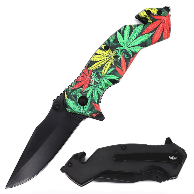 4.75" Closed Marijuana Leaf Design Tactical Rescue Spring Assist Knife