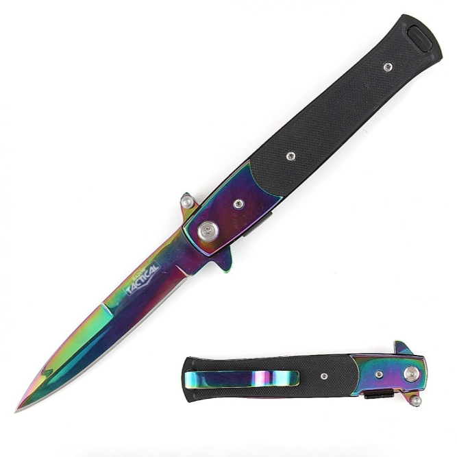 9" Italian Stiletto Tactical Spring Assisted Open Pocket Knife Rainbow